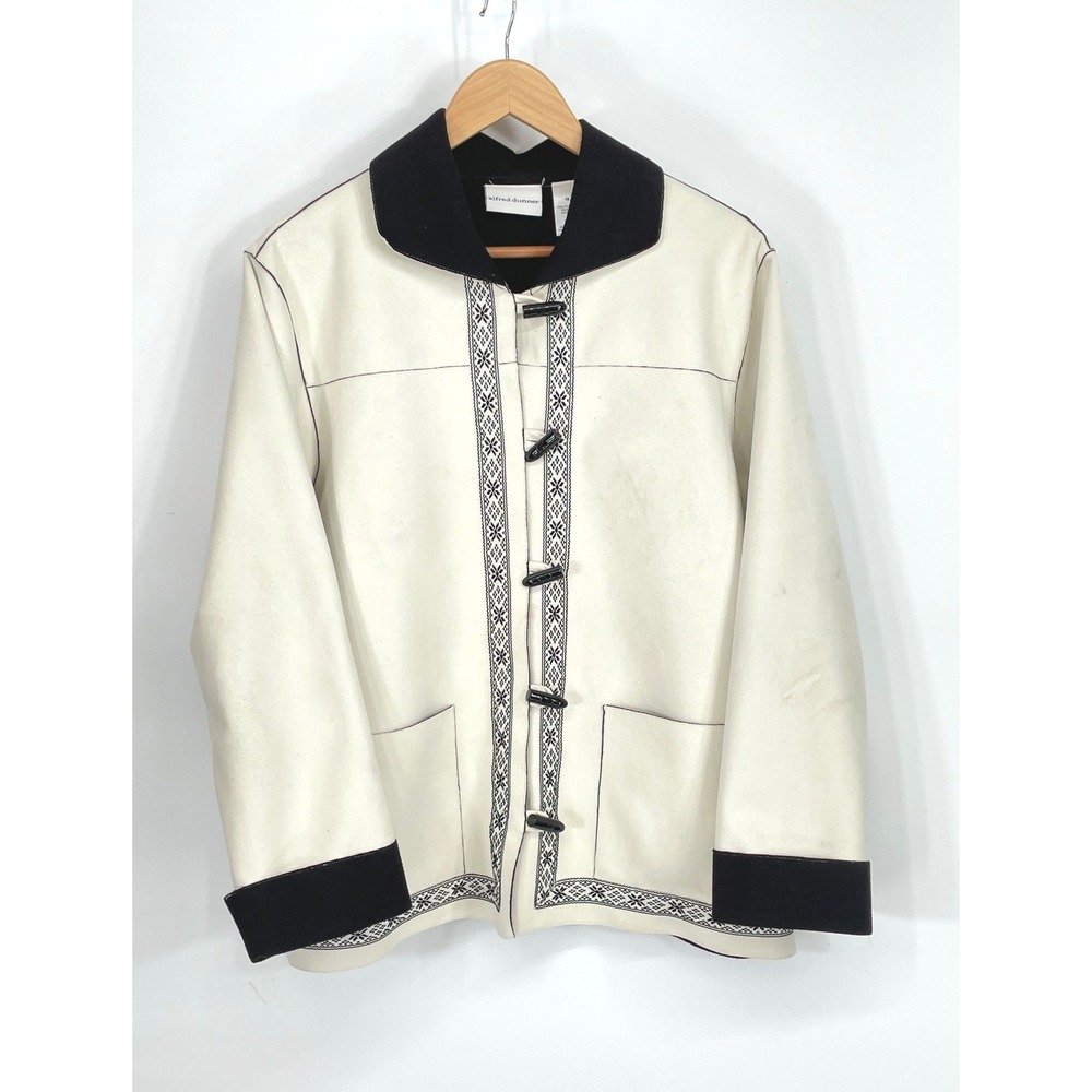 Alfred Dunner Women Jacket 16 Toggle Cream Black Embroidered Trim Faux Suede